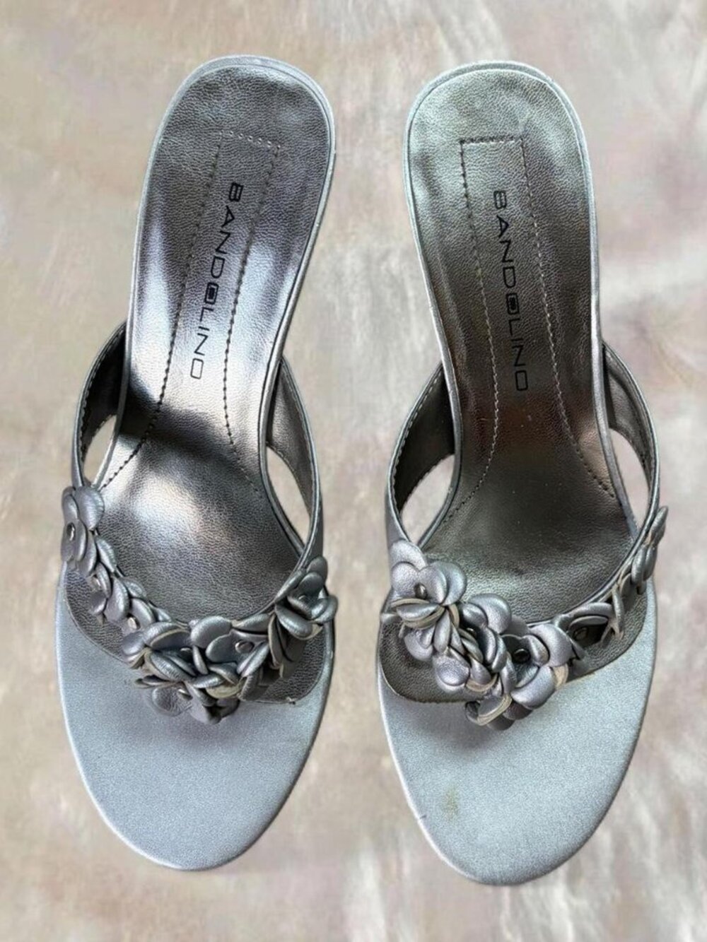 Bandolino Silver Kitten Heel Sandals w/ Flowers
